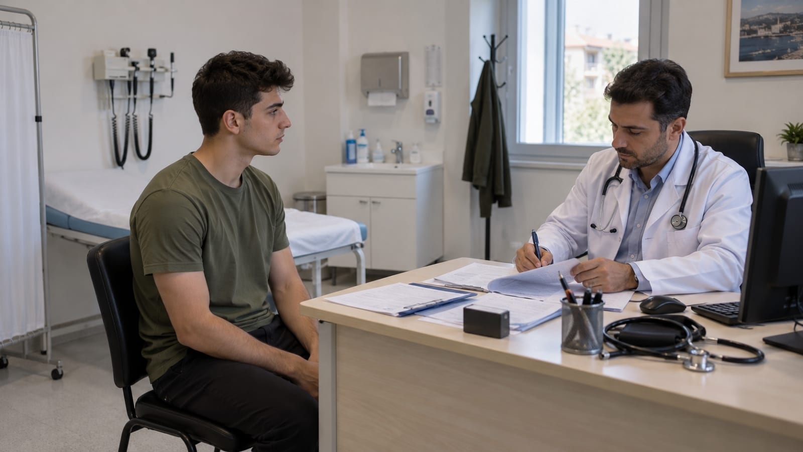 Aile sağlığı merkezi muayene odasında askerlik muayenesi için doktorla görüşen genç erkek