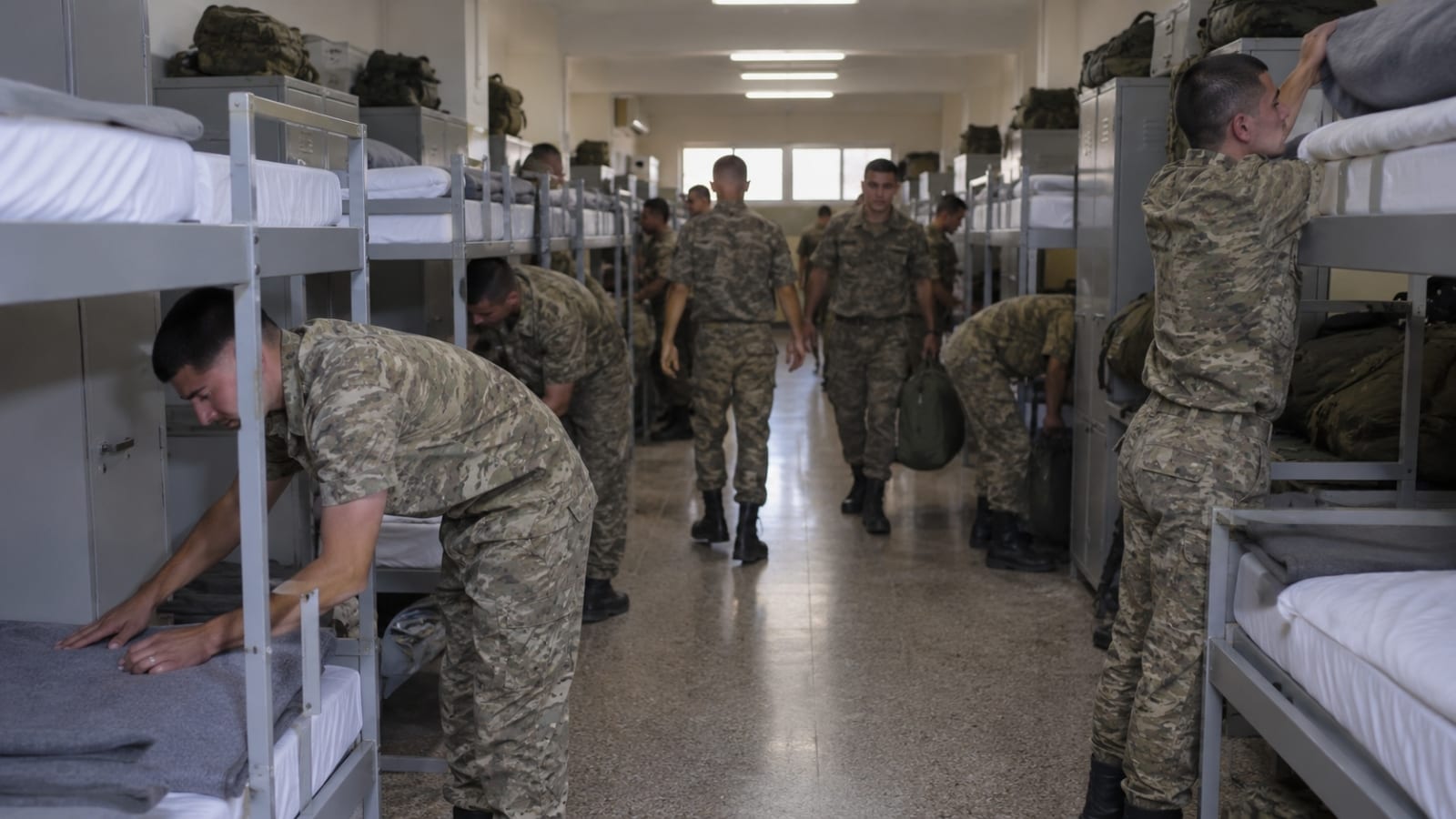 Çok kişilik asker koğuşunda ranzalarını ve ortak yaşam alanlarını düzenleyen Türk asker adayları