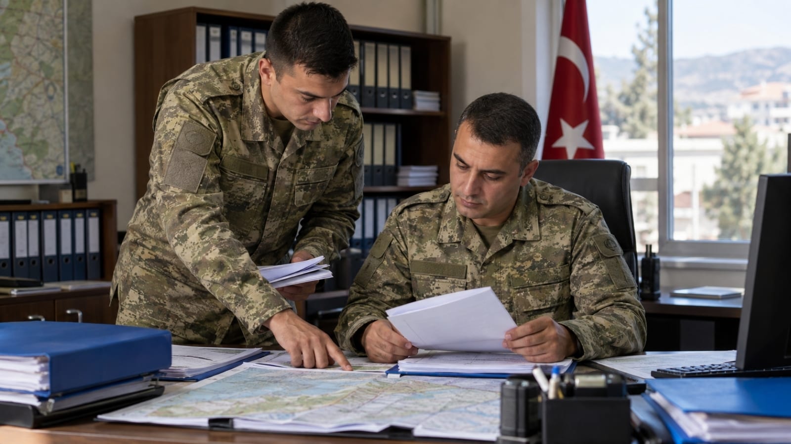 Askerî ofiste harita ve birlik kayıtlarını birlikte inceleyen iki Türk askerî personel