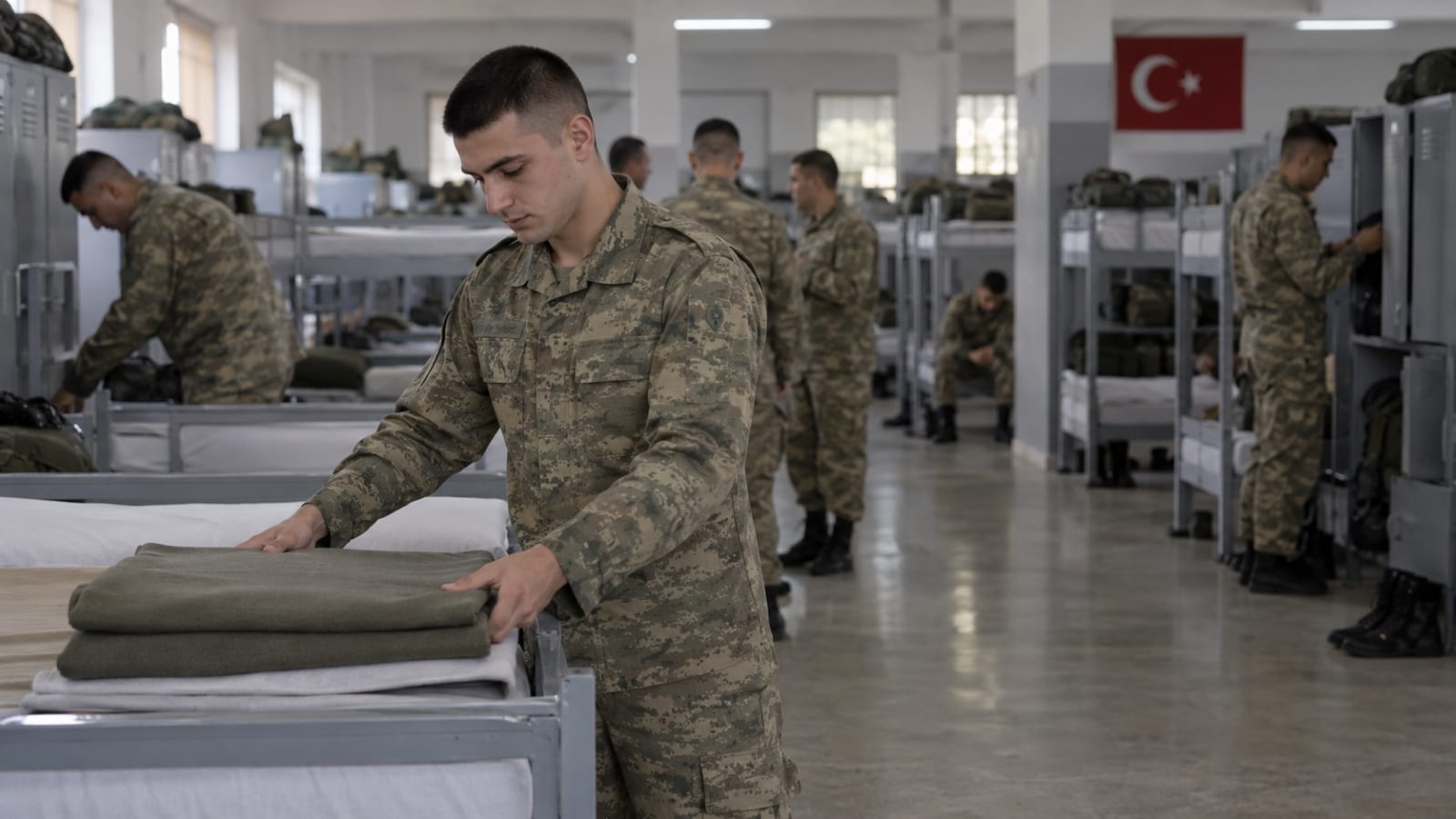 Çok kişilik asker koğuşunda yatağını ve battaniyesini düzenlerken ortak yaşam koşullarına uyum sağlayan Türk asker adayı