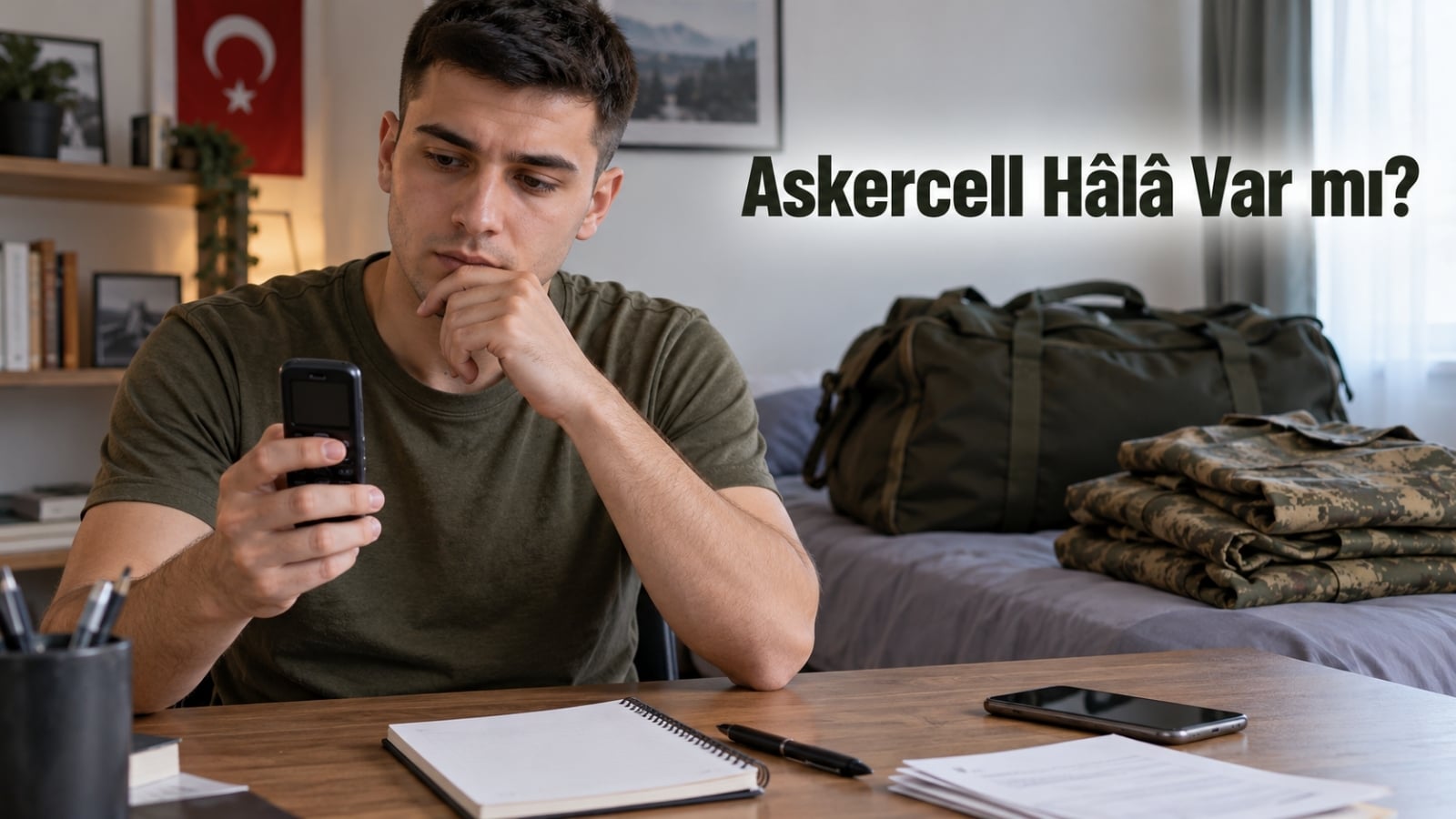 Askere gitmeden önce kısıtlı GSM hattı ve uygun cep telefonu seçeneklerini kontrol eden askerlik yükümlüsünü temsil eden editoryal görsel