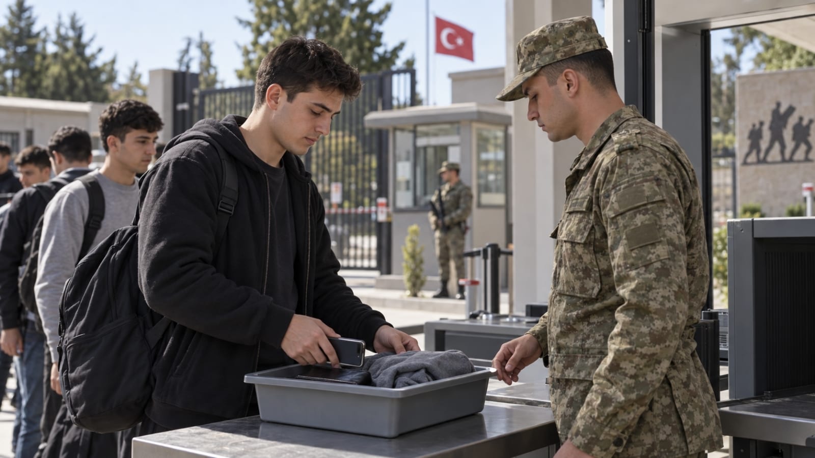 Askerî birlik girişindeki güvenlik kontrolünde çantasını ve telefonunu görevliye gösteren askerlik yükümlüsü