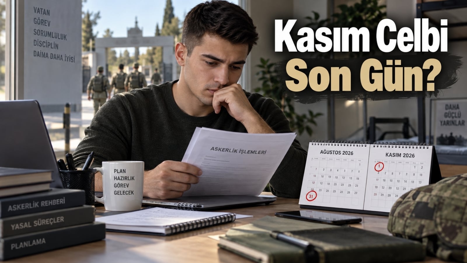 Kasım 2026 askerlik başvuru, sınıflandırma ve sevk takvimini kontrol eden askerlik yükümlüsünü temsil eden editoryal görsel