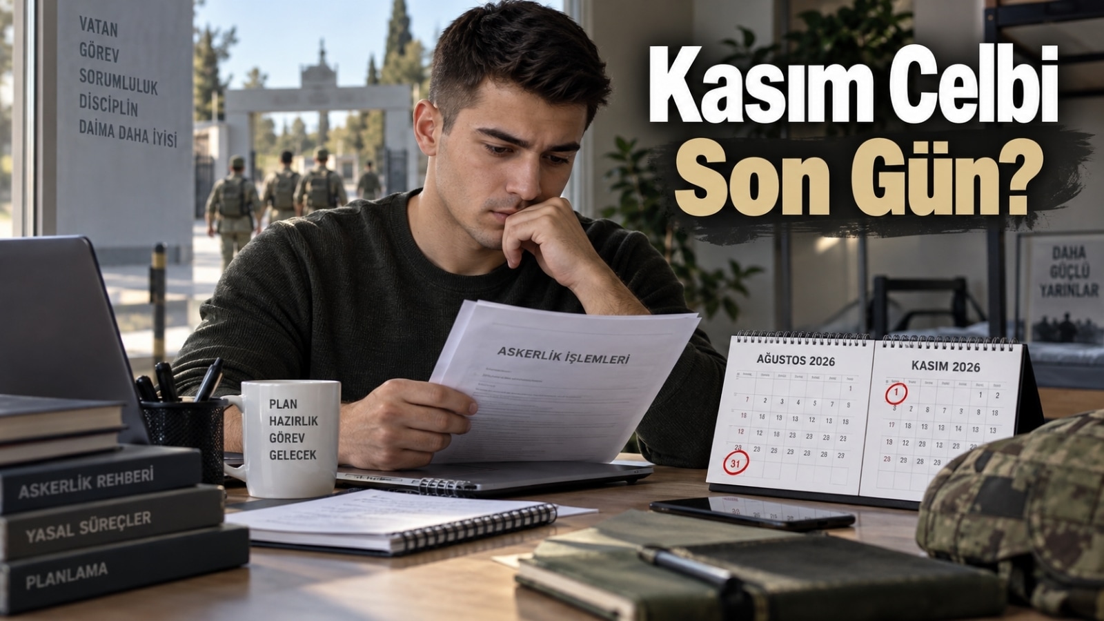 Kasım 2026 askerlik başvuru, sınıflandırma ve sevk takvimini kontrol eden askerlik yükümlüsünü temsil eden editoryal görsel