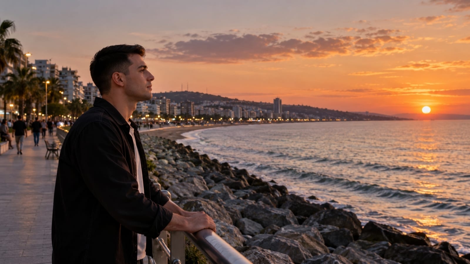 Gün batımında Samsun sahilinde denizi ve şehir hayatını izlerken düşüncelere dalan genç erkek