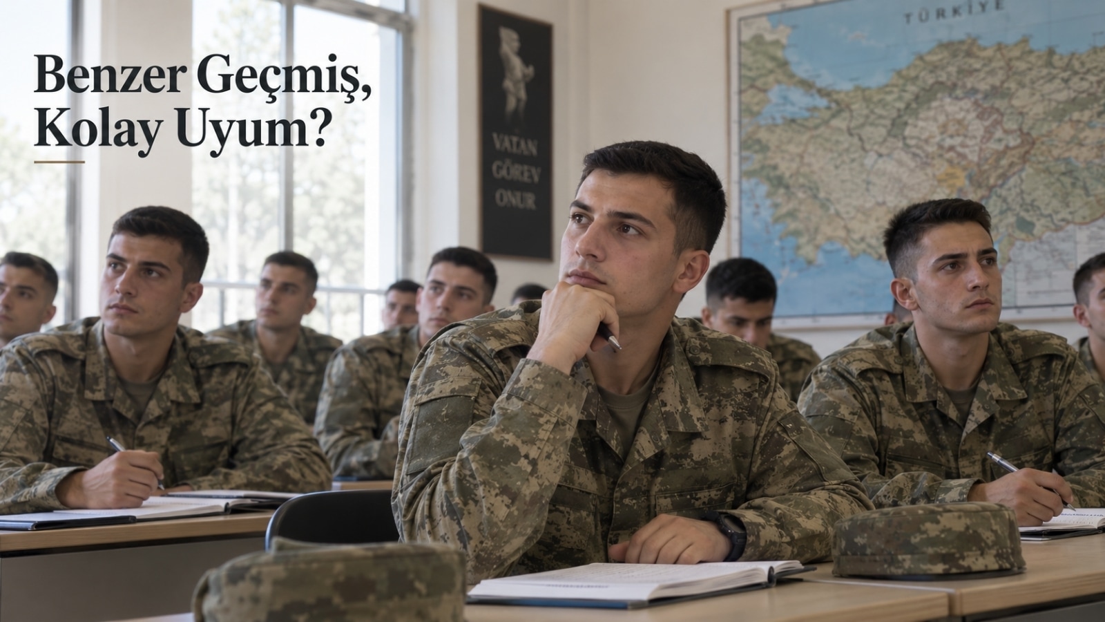 Yedek subay eğitiminde benzer akademik ve mesleki geçmişlerden gelen adayların birlikte eğitim ve iletişim ortamını temsil eden editoryal görsel