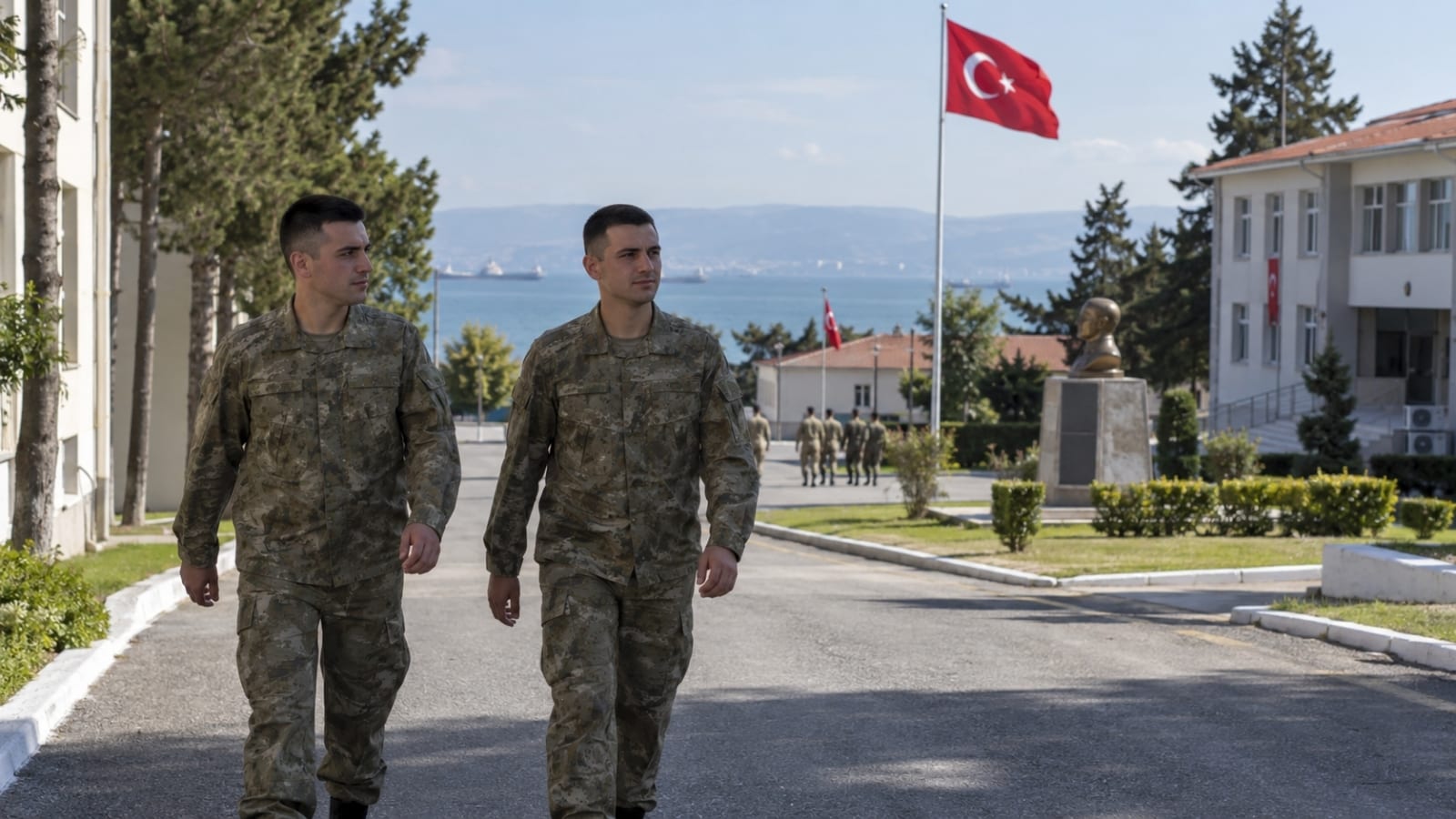 Deniz kıyısındaki askerî okul yerleşkesinde yürüyen iki Türk askerî personel