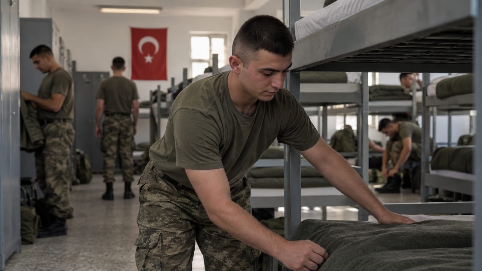 Çok kişilik asker koğuşunda yatağını düzenleyerek ortak yaşam koşullarına uyum sağlayan Türk asker adayı
