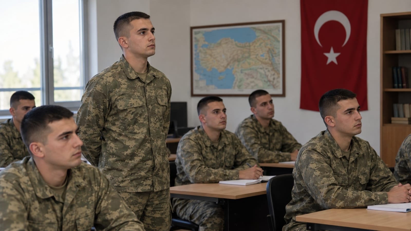 Rütbe işareti bulunmayan kamuflaj üniformasıyla sınıf ortamında eğitim alan yedek subay adayları