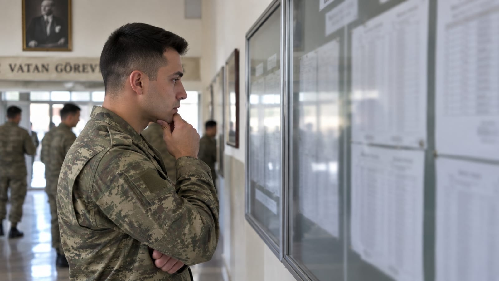 Askerî yerleşkedeki duyuru panosunda yayımlanan birlik bilgilerini dikkatle inceleyen Türk askerî personel
