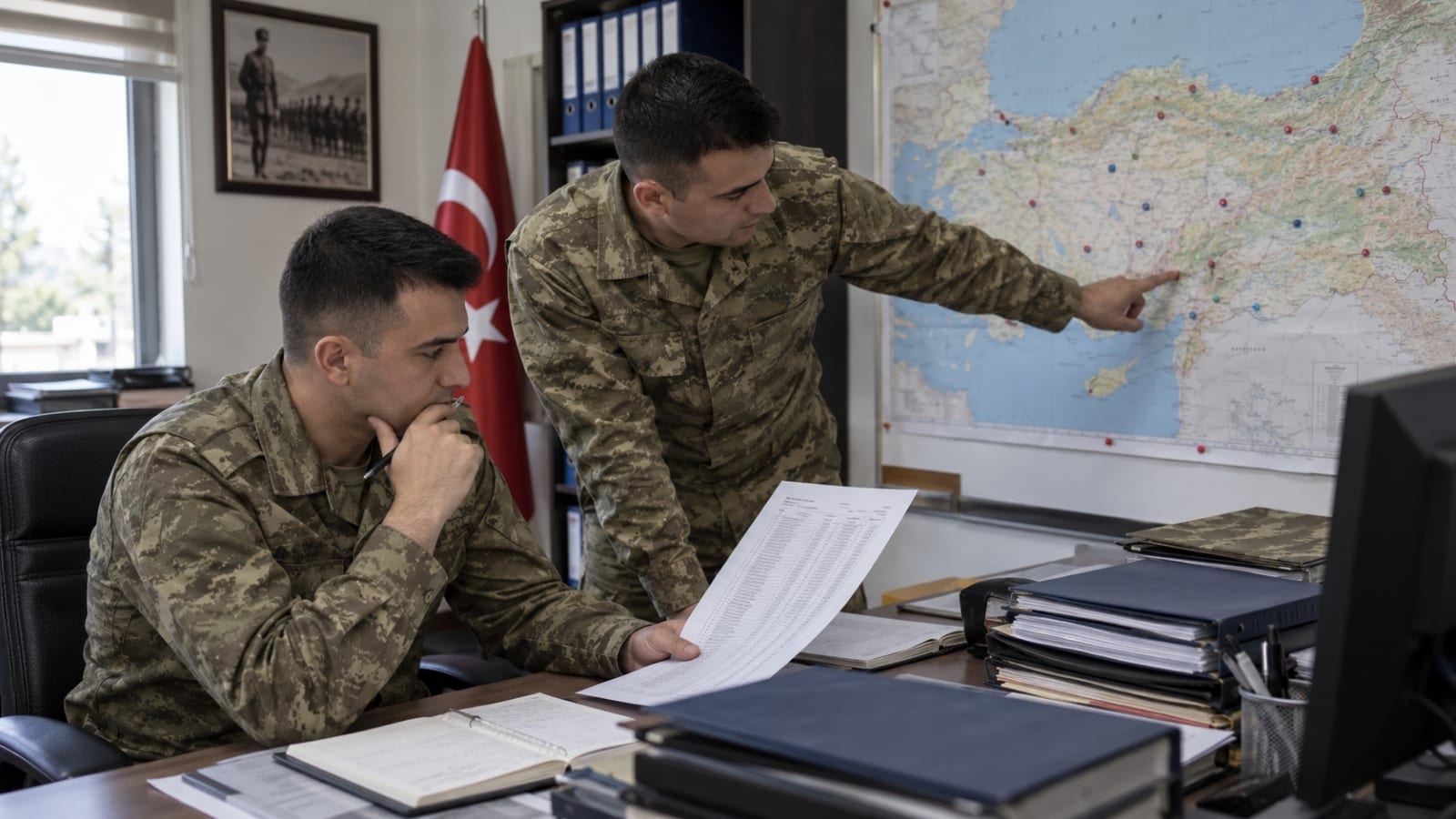 Harita ve birlik kayıtlarını karşılaştırarak yedek astsubay eğitim yerlerini inceleyen Türk askerî personel
