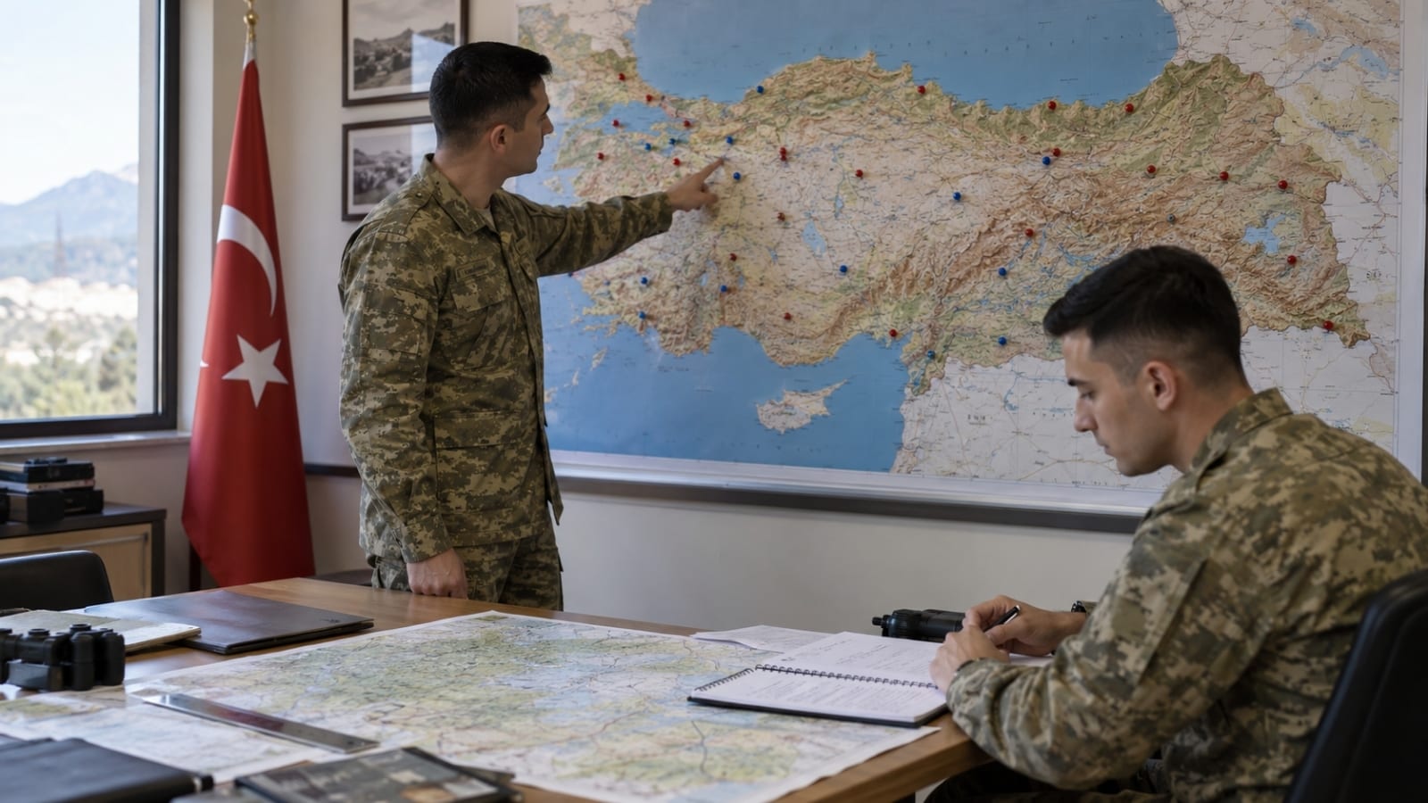 Türkiye haritasındaki farklı şehirleri işaretleyerek eğitim birliklerinin konumlarını değerlendiren Türk askerî personel