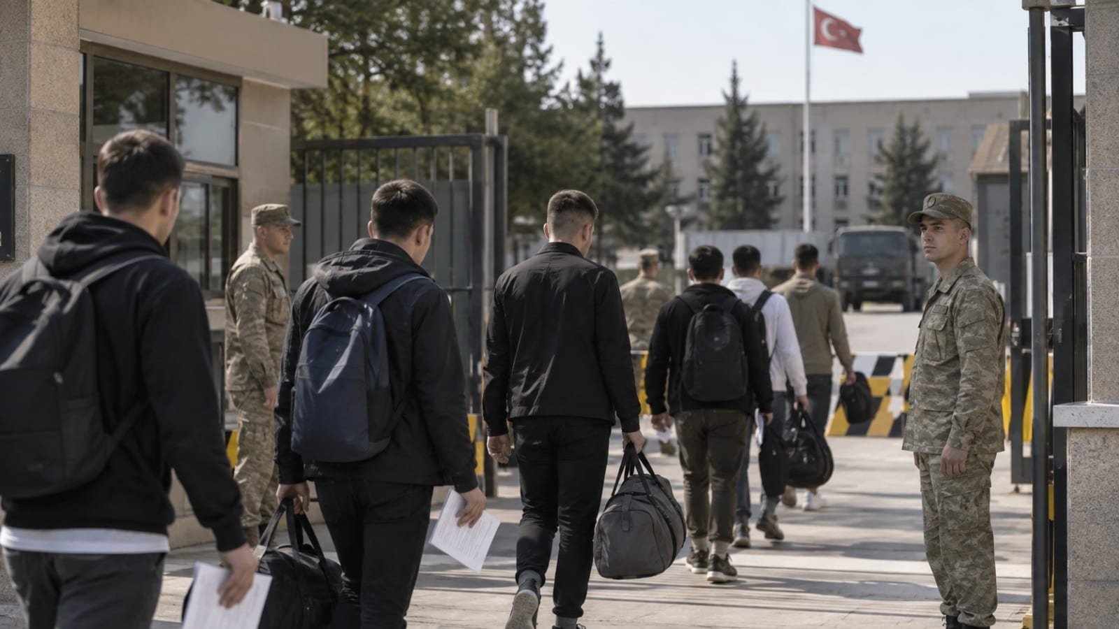Sevk evraklarıyla birlikte askerî birliğin giriş kapısından içeri giren askerlik yükümlüleri
