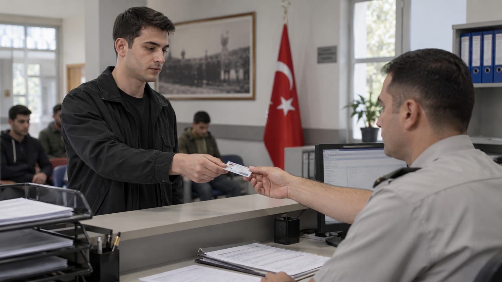 Askerlik şubesinde sevk belgesi işlemi için kimlik kartını görevliye uzatan genç erkek