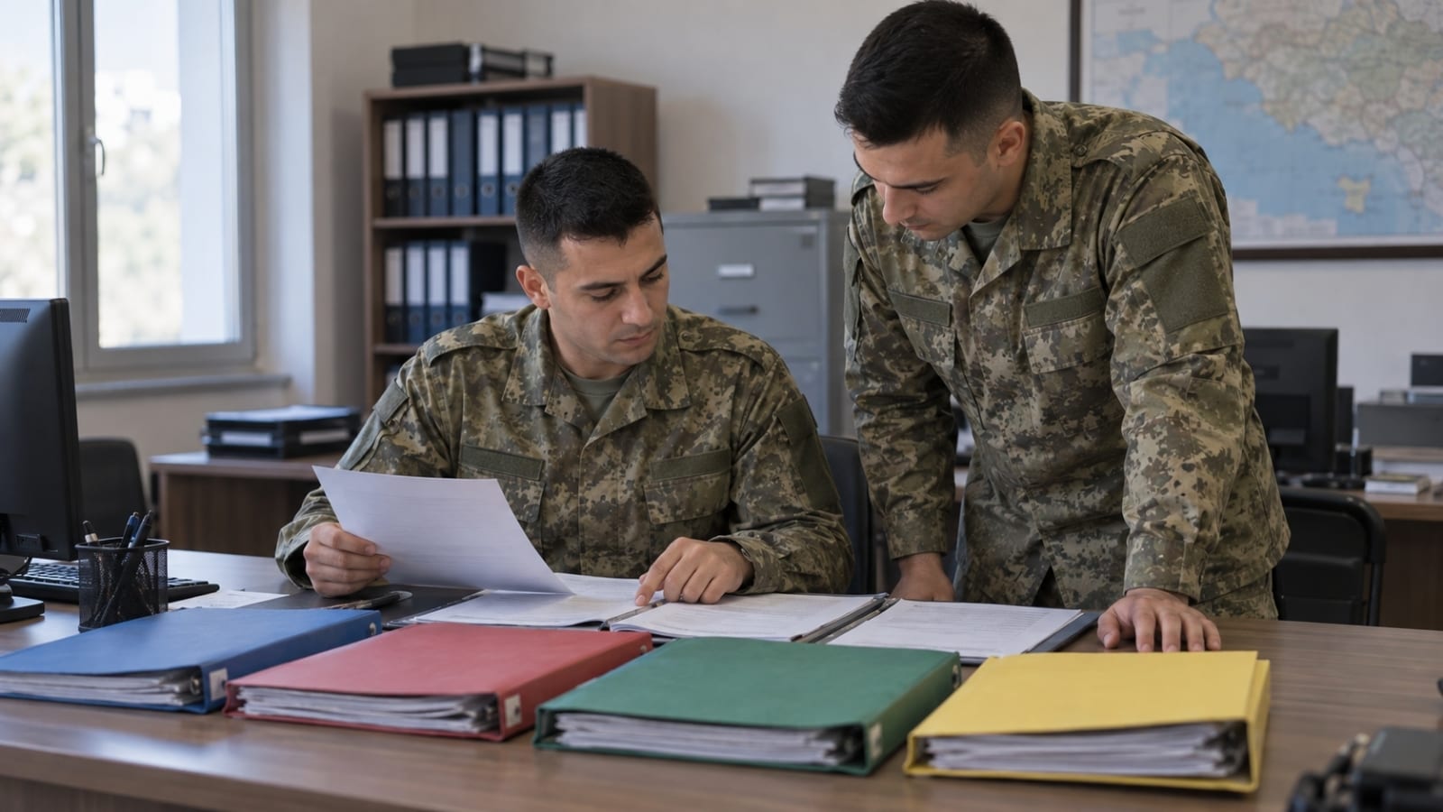 Askerî ofiste birlik kayıtları ve evrakları birlikte inceleyen iki Türk askerî personel