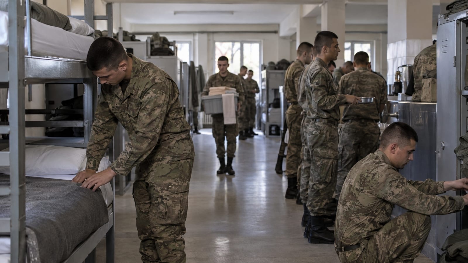 Çok kişilik asker koğuşunda yatak düzenleyen, ortak alanı kullanan ve günlük askerî rutine uyum sağlayan Türk asker adayları