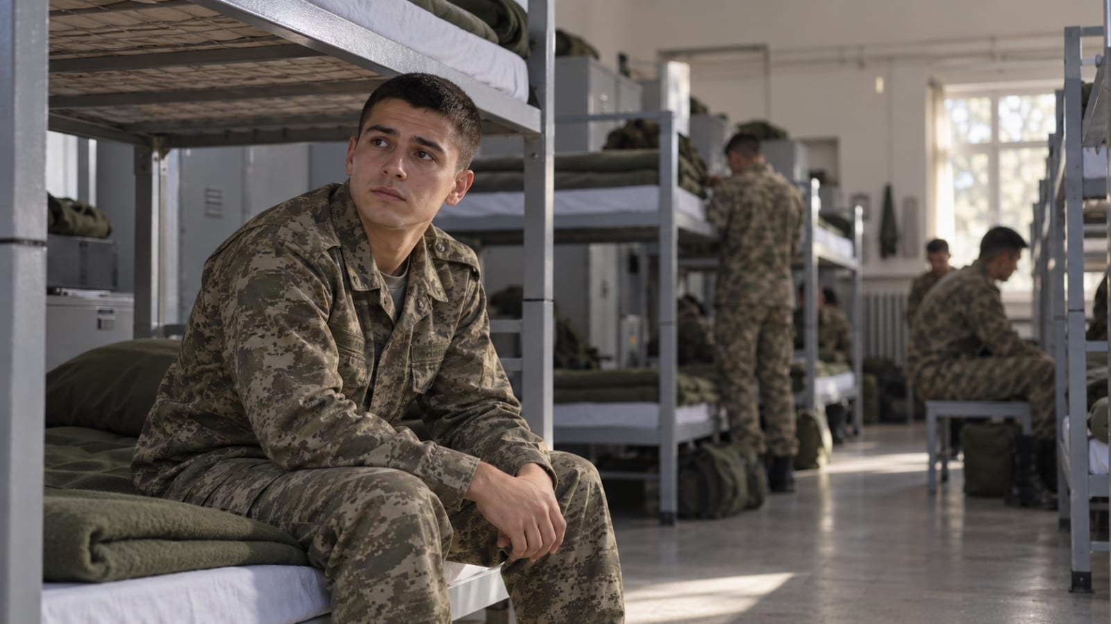 Kışladaki koğuşta yeni askerlik düzenine alışmaya çalışan ve çevresini gözlemleyen Türk askerî personel