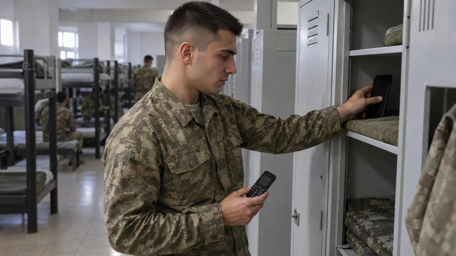 Kışladaki dolabına akıllı telefonu kaldırıp tuşlu telefonunu elinde tutan Türk askerî personel