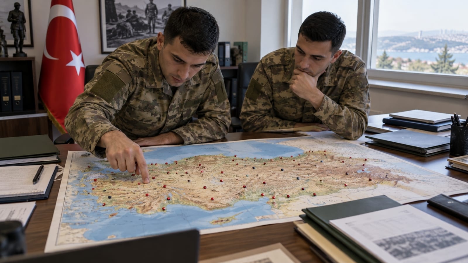 Türkiye haritası üzerindeki farklı şehirlerde bulunan askerî eğitim noktalarını birlikte inceleyen iki Türk askerî personel