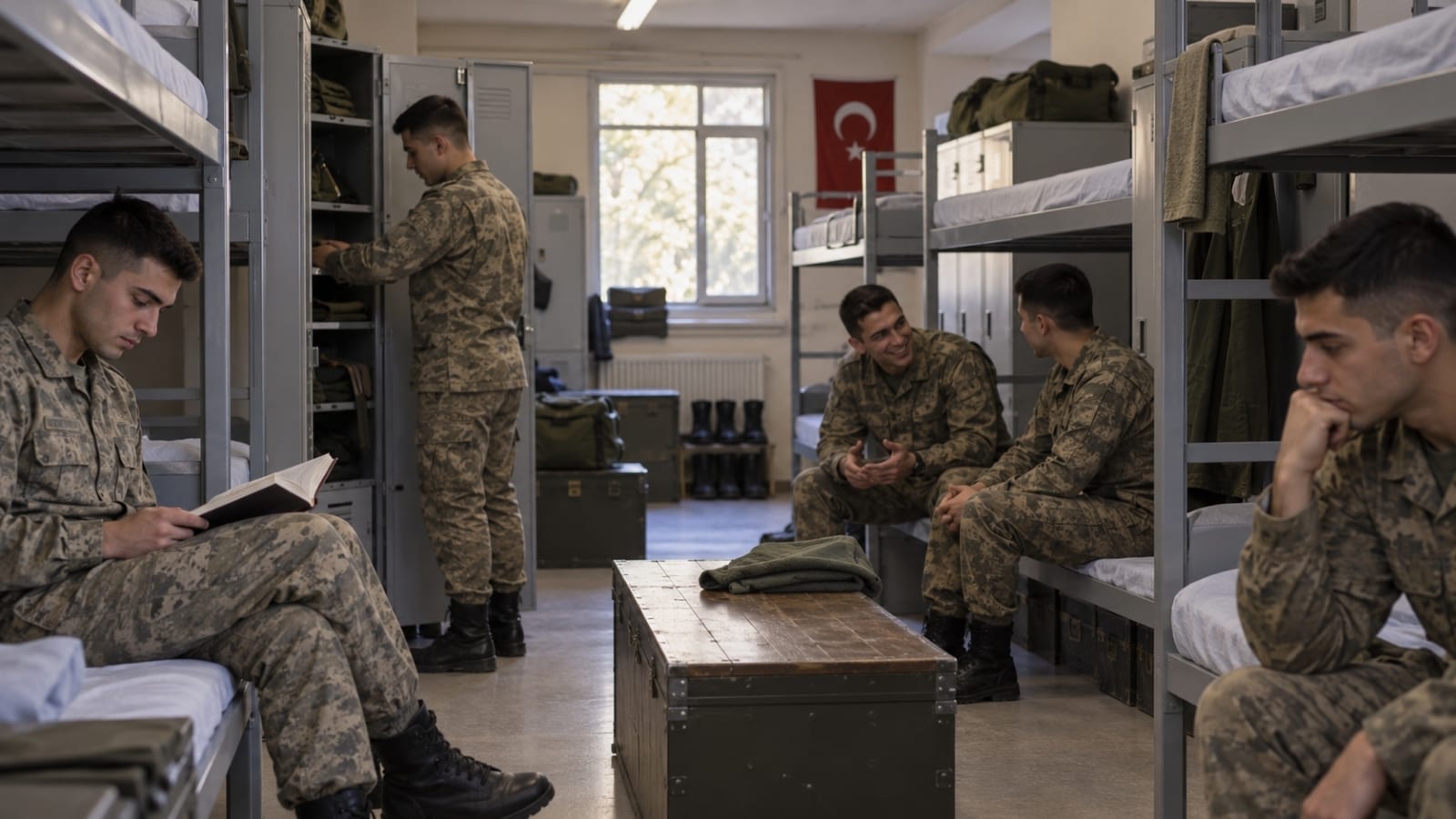 Çok kişilik asker koğuşunda kimi kitap okuyan, kimi sohbet eden ve farklı biçimlerde vakit geçiren yedek subay adayları