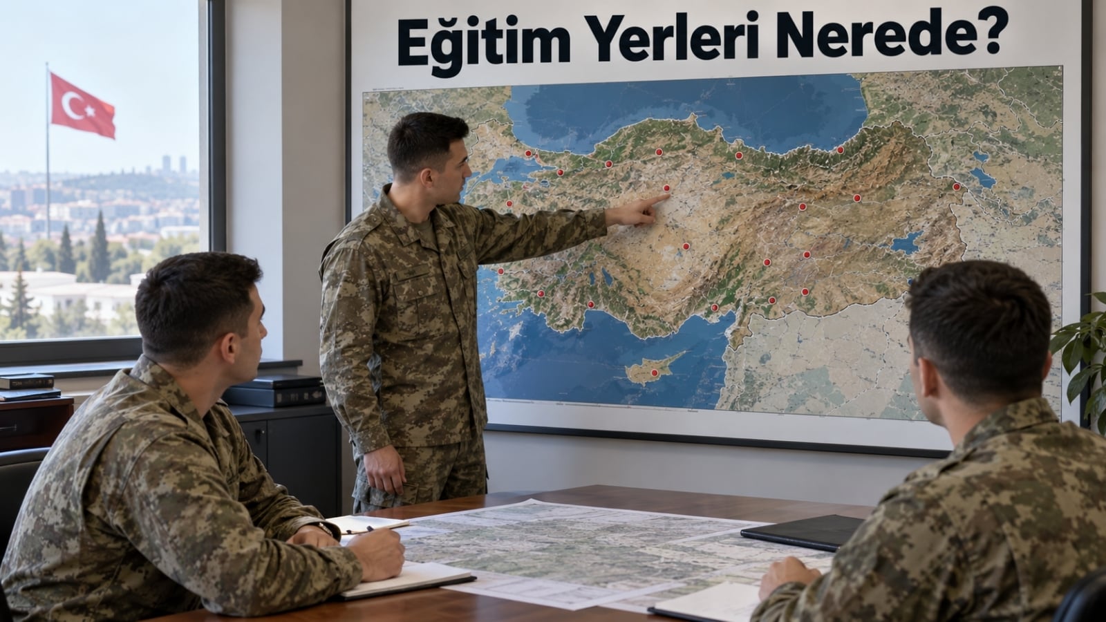 Türkiye genelindeki normal askerlik eğitim yerleri ve acemi birliklerinin şehir bazında dağılımını temsil eden askerlik temalı editoryal görsel