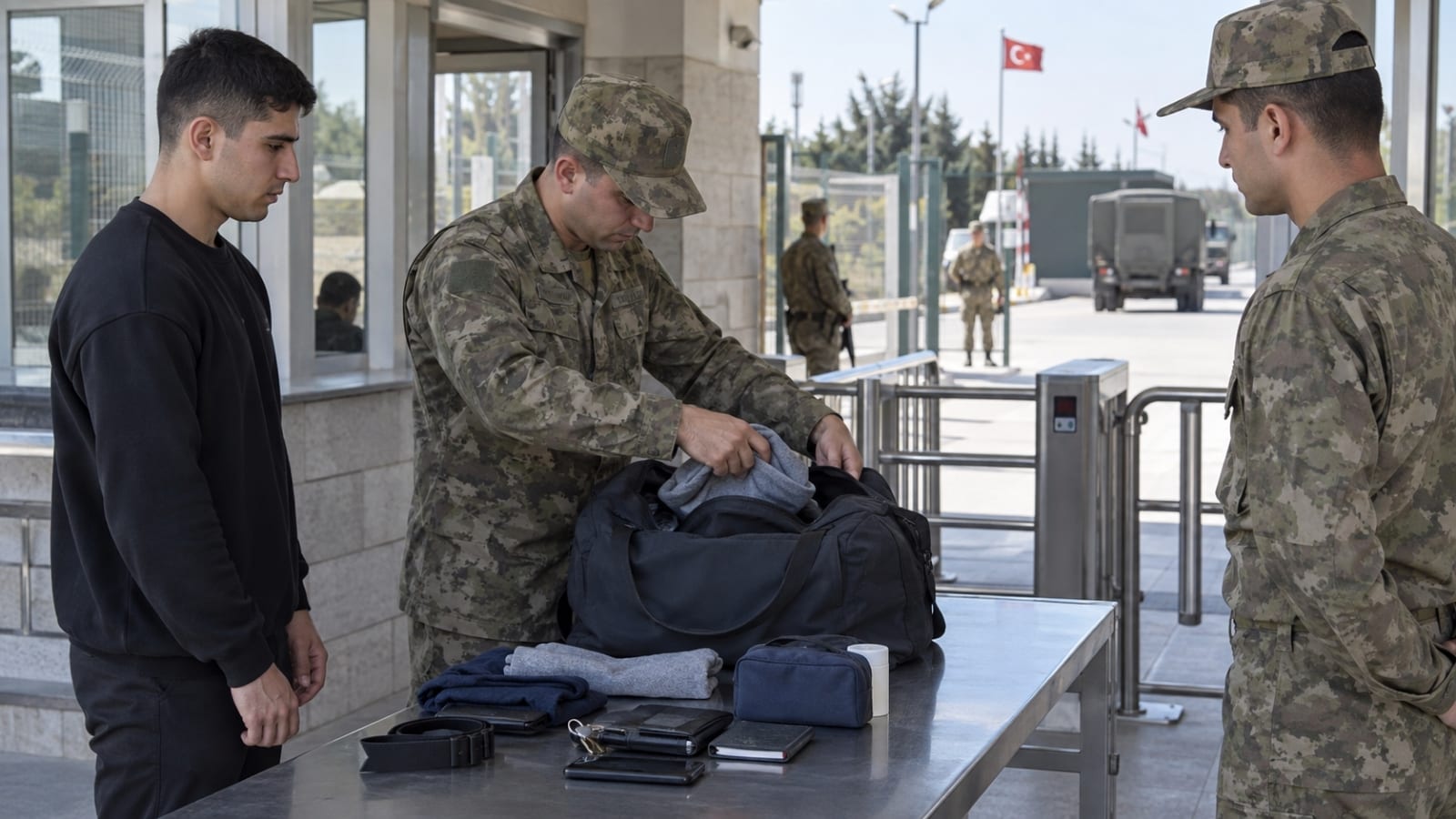 Askerî birlik girişinde çantasının kontrol edilmesini bekleyen yedek subay adayı