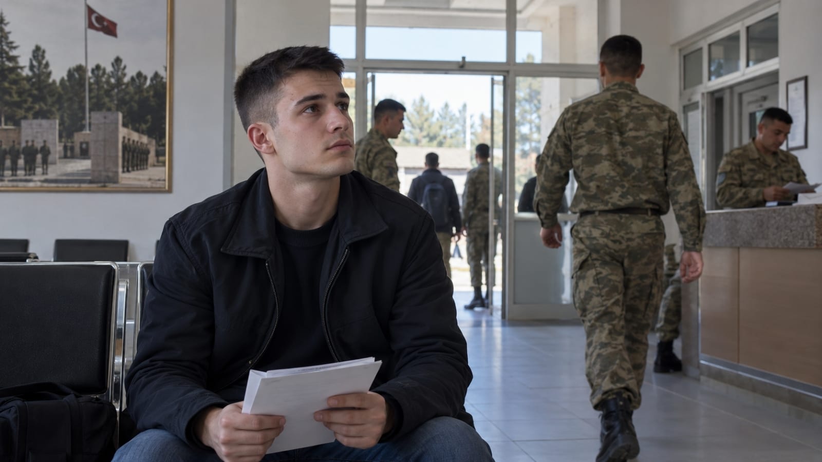 Askerî kabul salonunda evraklarıyla sırasını beklerken çevresindeki işlemleri gözlemleyen yedek subay adayı