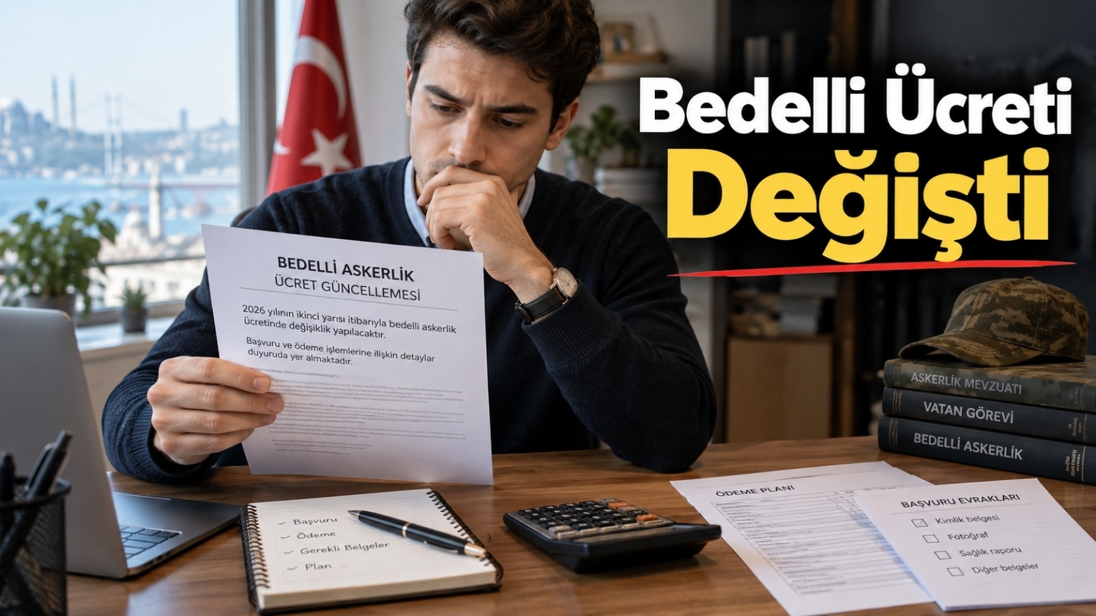 2026'nın ikinci yarısında değişen bedelli askerlik ücretini ve yeni başvuru dönemini temsil eden askerlik temalı editoryal görsel