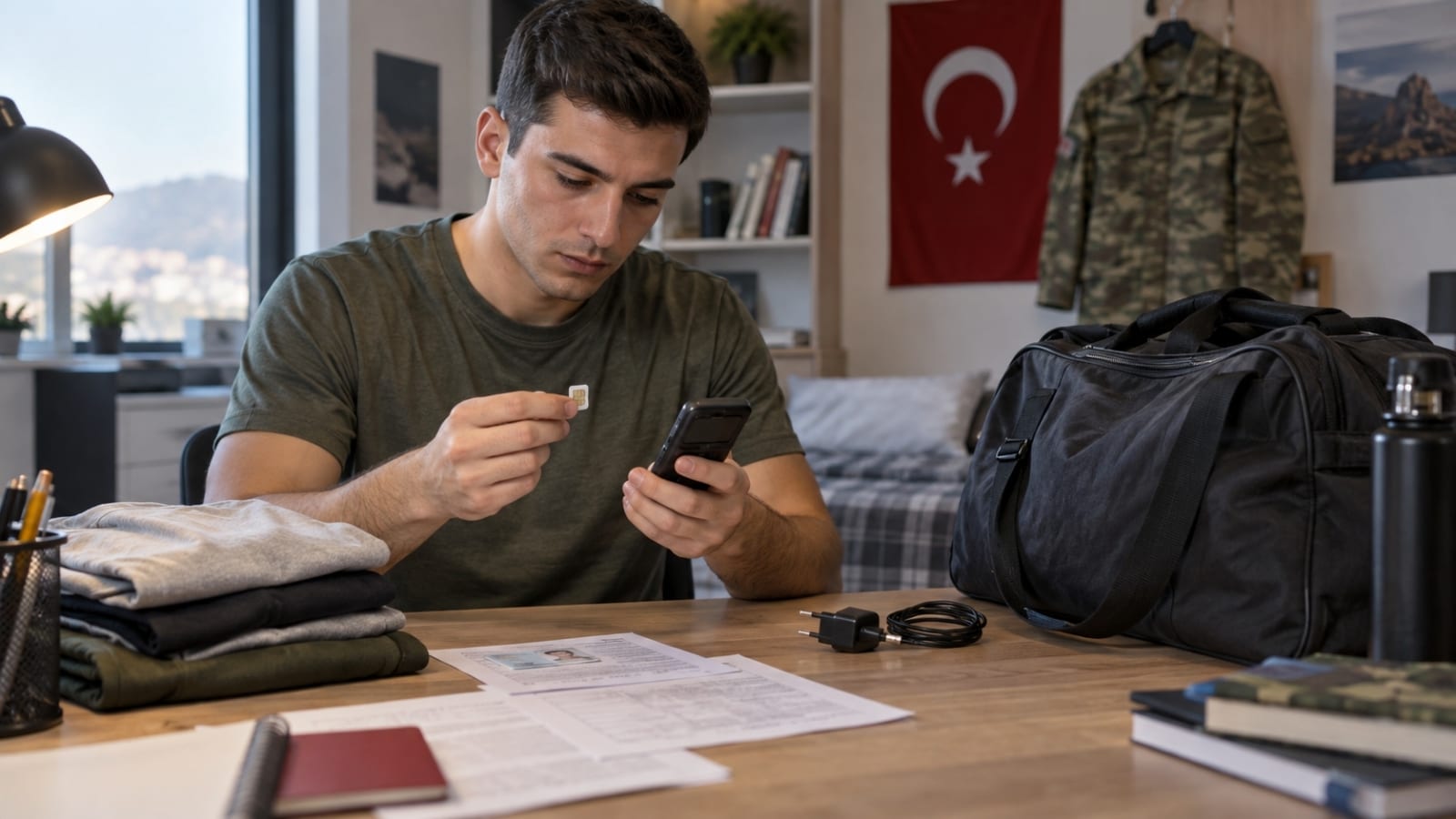 Askere gitmeden önce tuşlu telefon, SIM kart, şarj aleti ve evraklarını son kez kontrol eden genç erkek