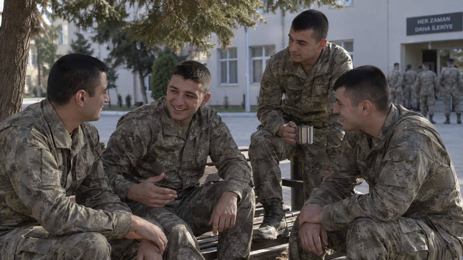 Kışla avlusundaki dinlenme alanında birlikte sohbet ederek vakit geçiren Türk asker adayları
