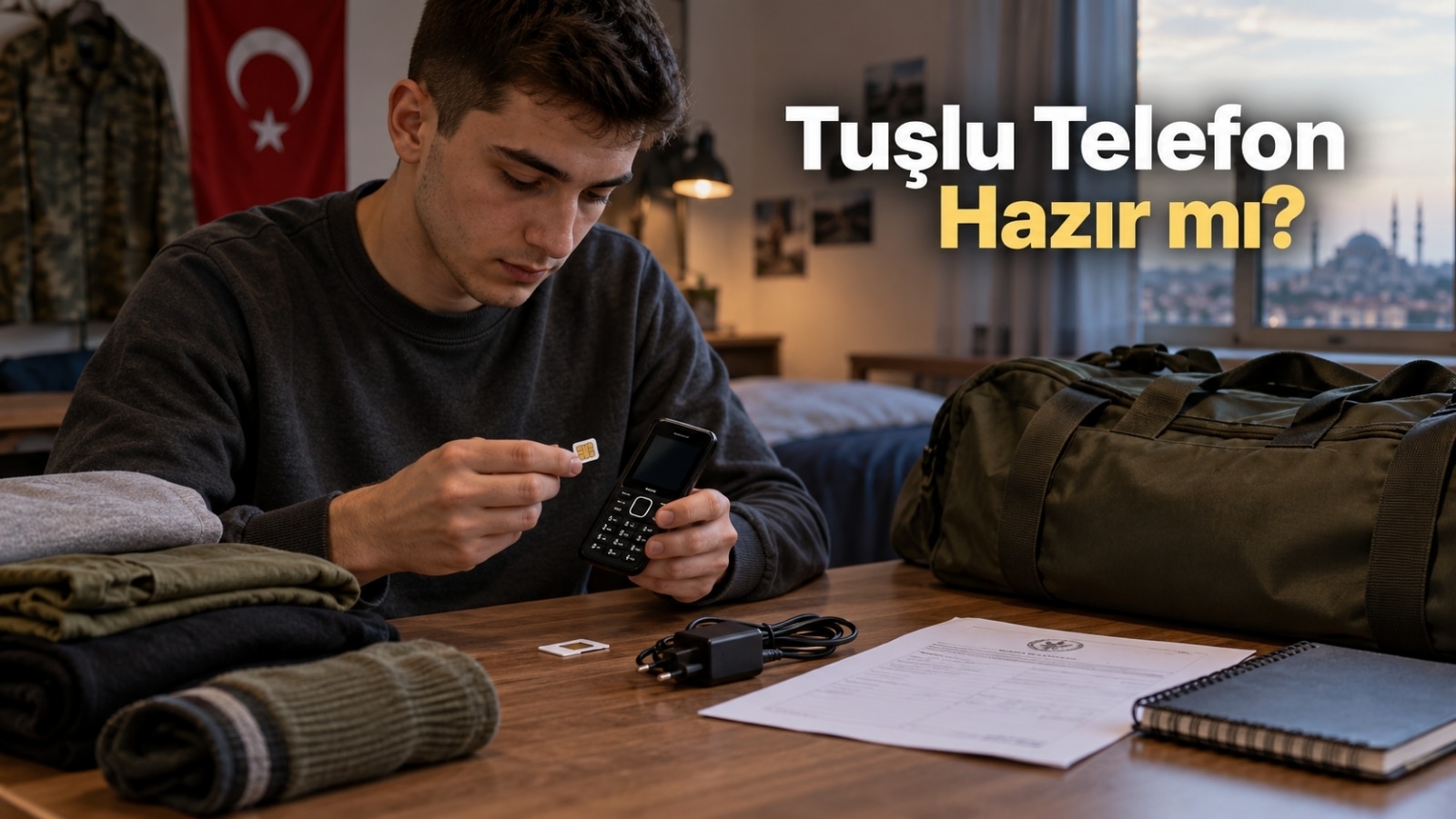 Askere gitmeden önce tuşlu telefon ve kısıtlı asker hattı hazırlığını yapan askerlik yükümlüsünü gösteren gerçekçi editoryal görsel