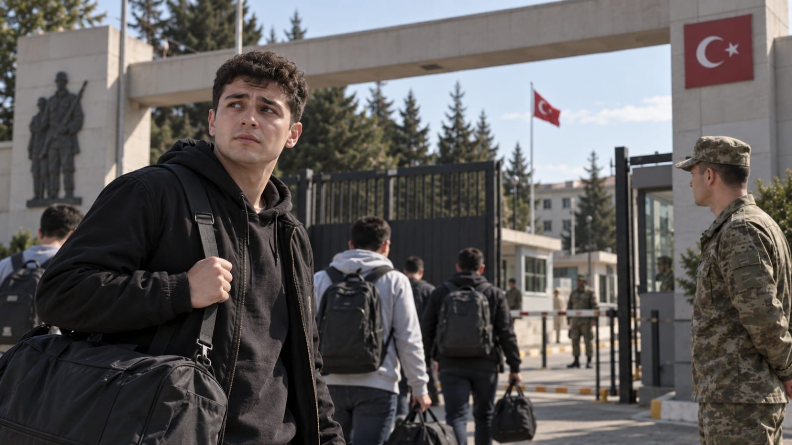 Askerî birliğin kapısında çantasıyla teslim sırasını bekleyen genç erkek