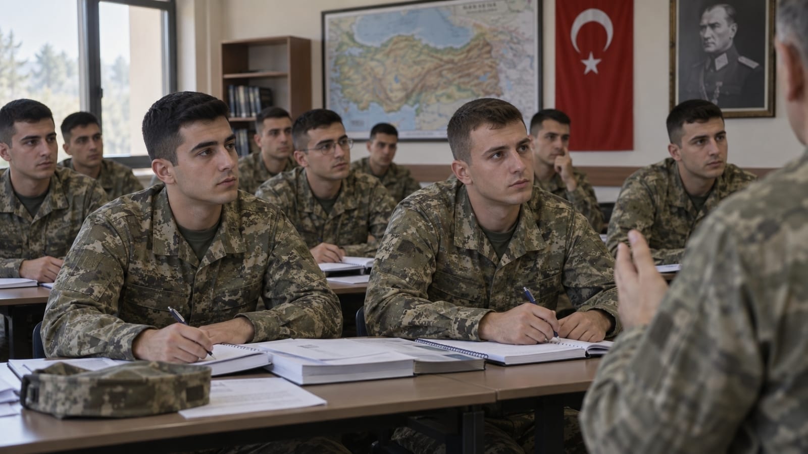 Askerî eğitim sınıfında aynı eğitim programına katılarak not tutan yedek subay adayları