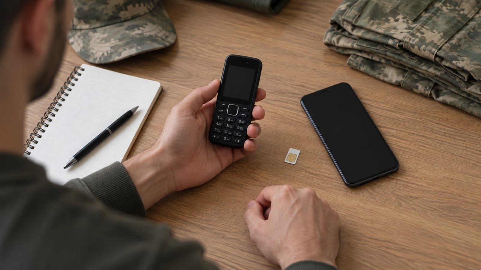 Tuşlu telefon, SIM kart ve akıllı telefonu yan yana karşılaştırarak askerlikte kullanılacak cihazı seçen genç erkek