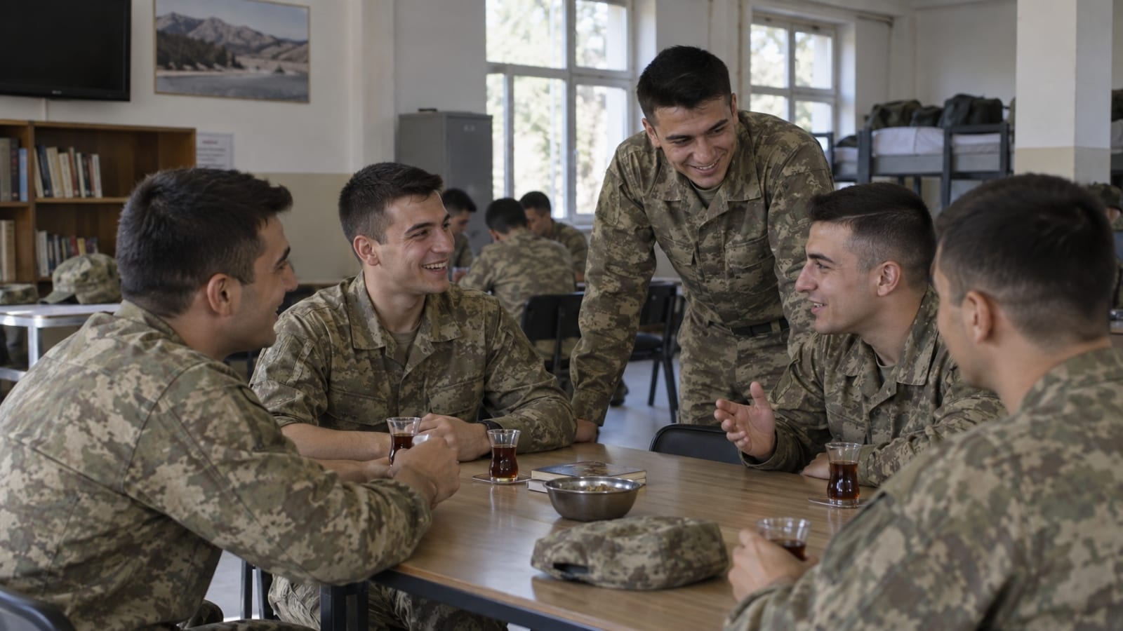 Ortak dinlenme alanında çay eşliğinde sohbet eden ve birlikte vakit geçiren yedek subay adayları