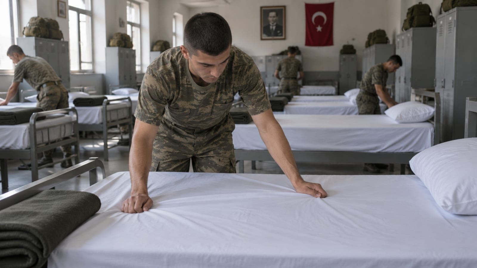Koğuş yatağındaki beyaz çarşafı gererek kırışıklıkları düzelten rütbesiz askerlik yükümlüsü