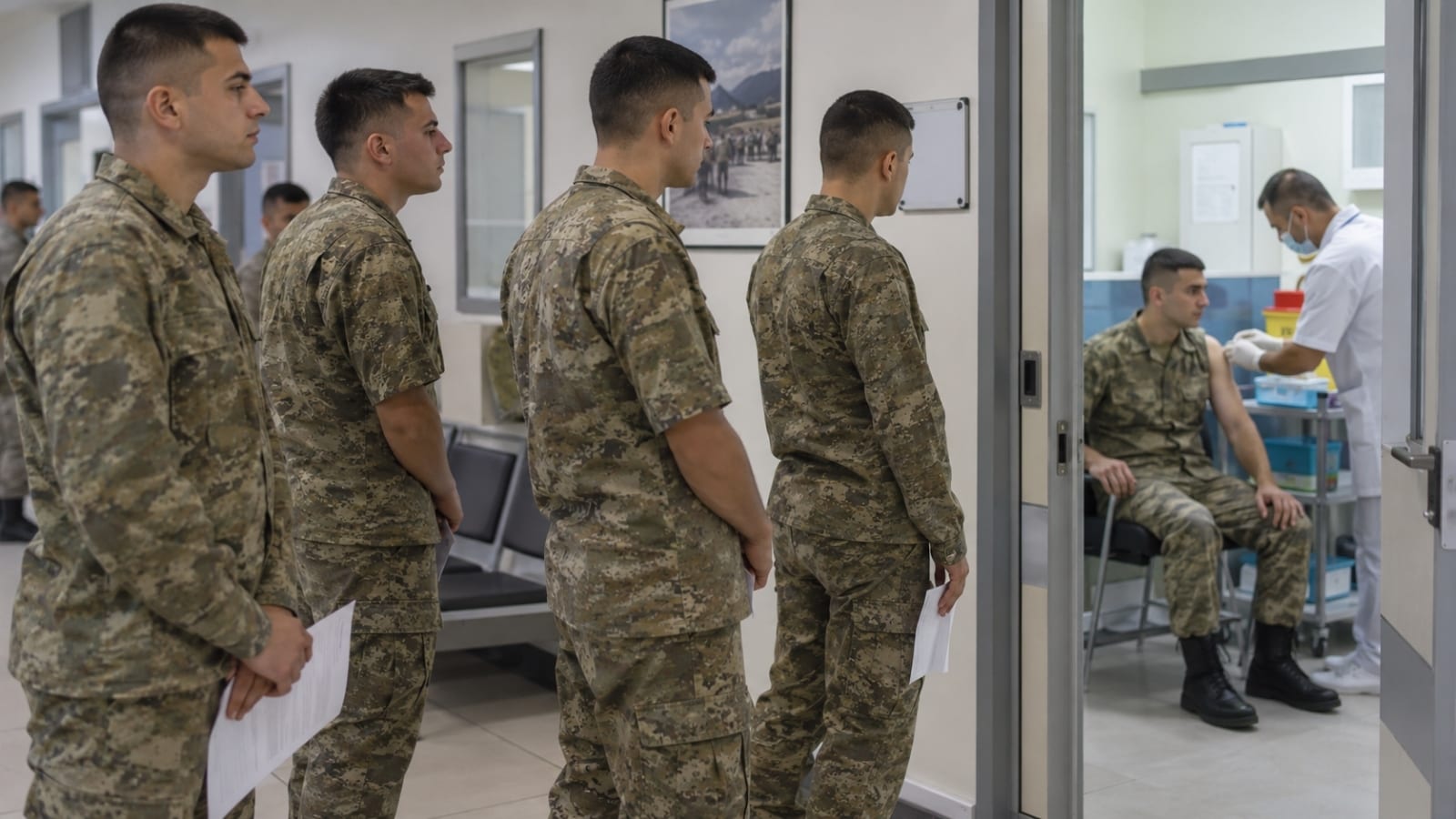 Askerî sağlık biriminin koridorunda aşı işlemi için sırasını bekleyen rütbesiz askerlik yükümlüleri