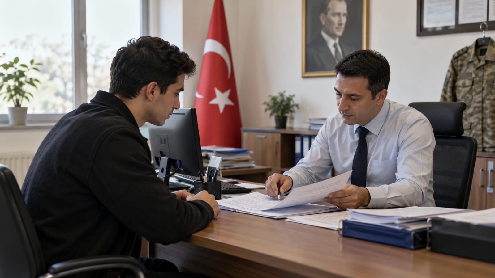 Sınıflandırma sonucundaki belirsizliği gidermek için askerlik işlemlerine ilişkin evraklarını görevli personelle inceleyen yükümlü