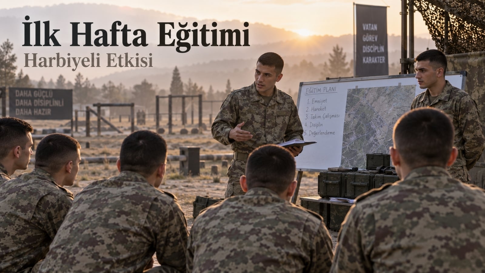 Yedek subay adaylarının ilk haftadaki askerî eğitiminde kıt'a stajındaki rütbesiz Harp Okulu son sınıf öğrencilerinin yer aldığı eğitim ortamını gösteren gerçekçi editoryal görsel