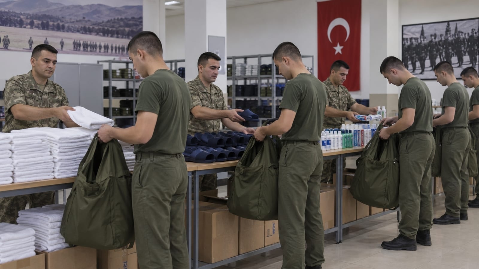 Düzenli bir dağıtım hattında havlu, terlik ve kişisel bakım malzemelerinin verildiği askerî teslim alanı