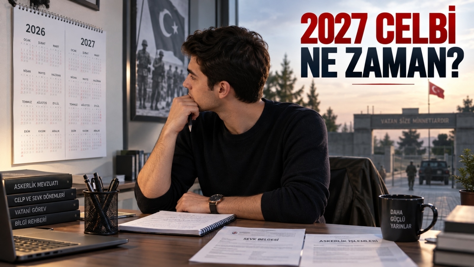 2026 ve 2027 askerlik celp dönemleri ile sınıflandırma ve sevk tarihlerini takvim üzerinden inceleyen askerlik yükümlüsünü gösteren gerçekçi editoryal görsel