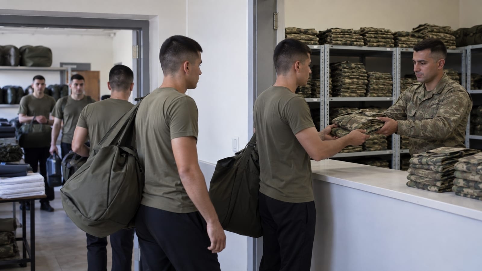 İlk gün dağıtılan kıyafet ve ekipmanların düzenli biçimde hazırlandığı askerî üniforma teslim odası