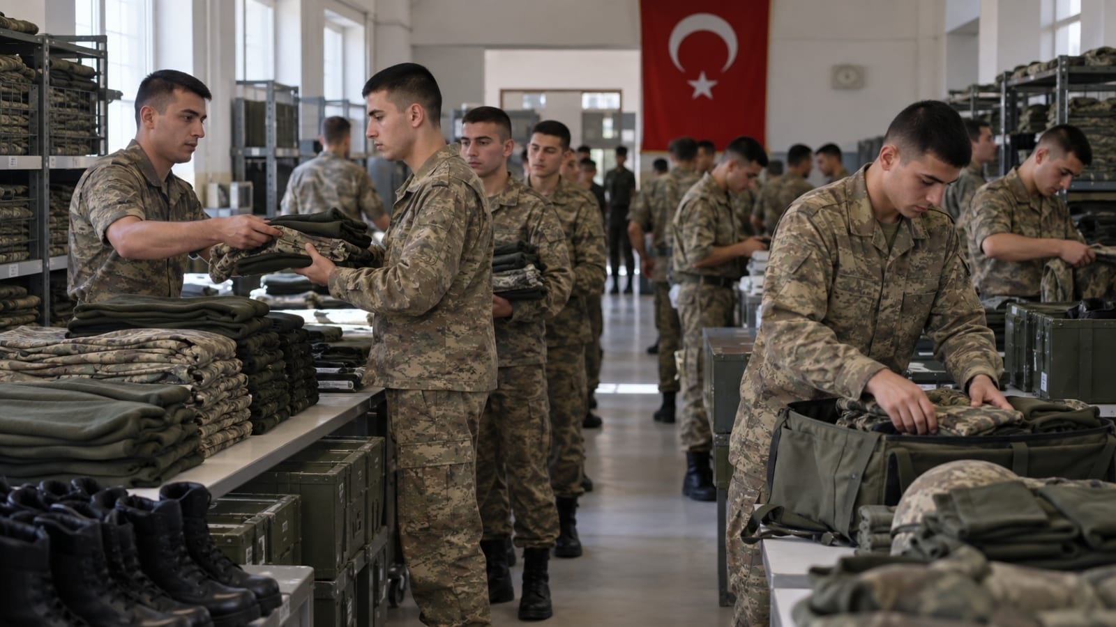Askerî malzeme dağıtım alanında üniforma ve temel ihtiyaç malzemelerini teslim alan askerlik yükümlüleri