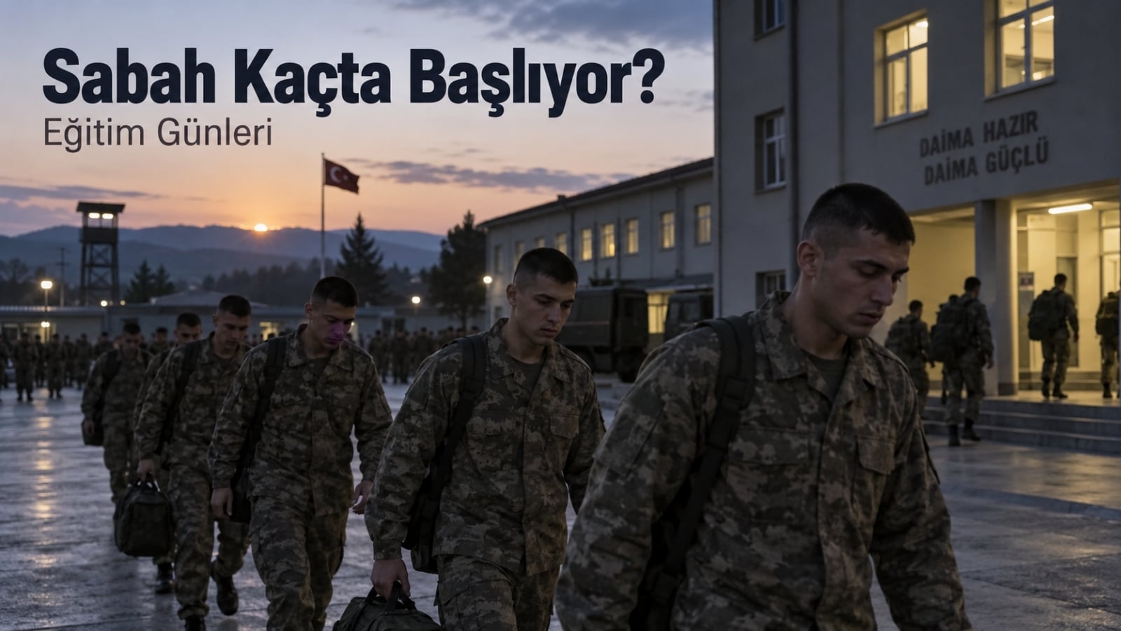 Sabahın erken saatlerinde hazırlanarak içtima ve eğitim programına çıkmaya hazırlanan rütbesiz askerlik yükümlülerini gösteren gerçekçi editoryal görsel