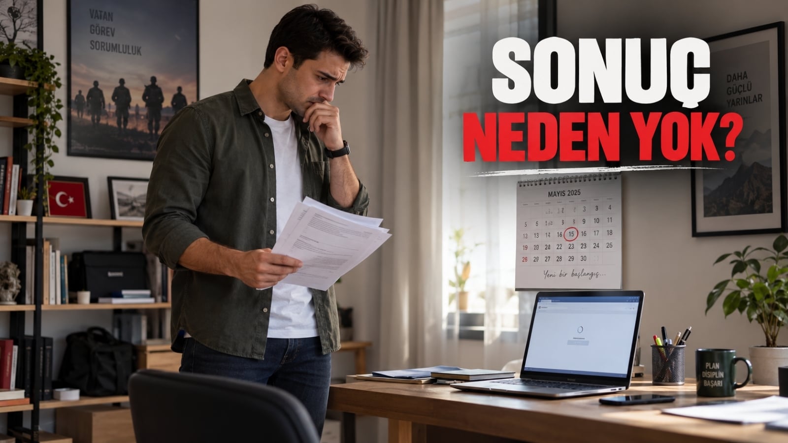 Bilgisayar üzerinden e-Devlet askerlik sınıflandırma sonucunu kontrol ederken henüz sonuç göremeyen askerlik yükümlüsünü gösteren gerçekçi editoryal görsel