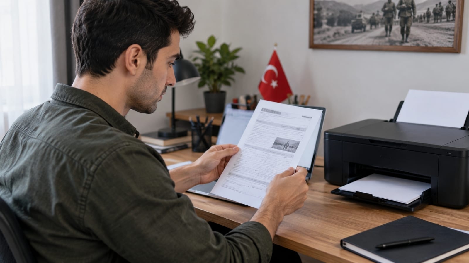 Askerlik sevk işlemleri kapsamında yazdırdığı belgeyi kontrol eden askerlik yükümlüsü