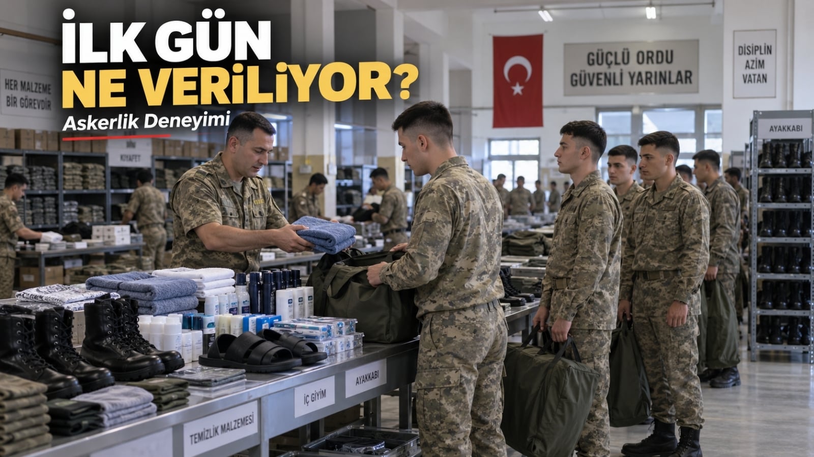 Askerliğin ilk günlerinde malzeme dağıtım alanında büyük taşıma çantasına temel ihtiyaçlarını, botunu ve diğer askerî malzemelerini alan rütbesiz askerlik yükümlülerini gösteren editoryal görsel