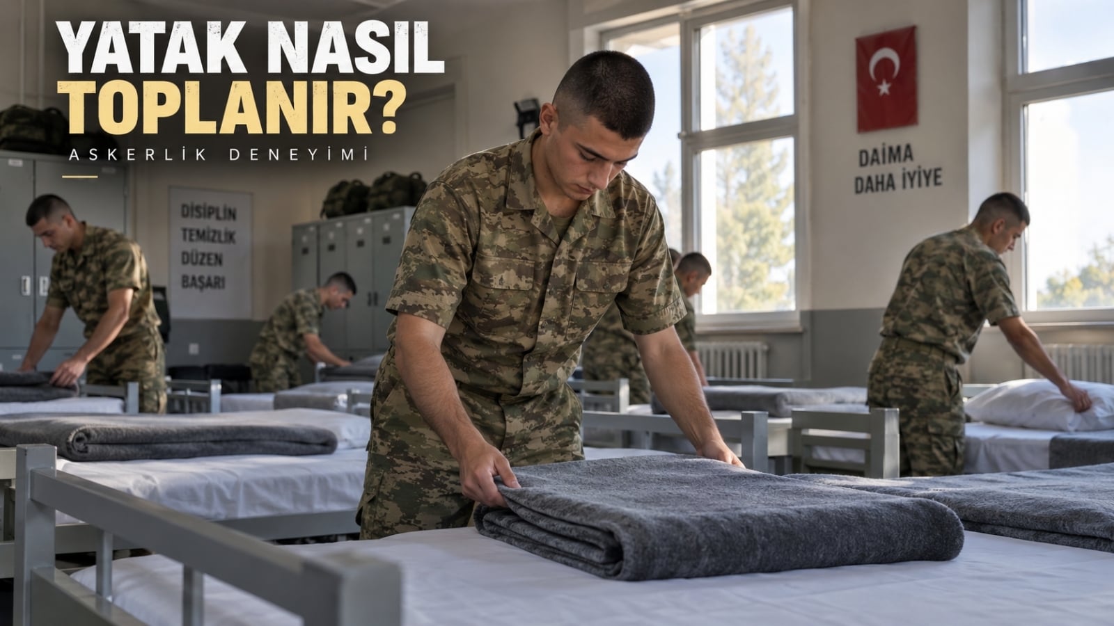 Sabah koğuşta çarşafını düzelten ve battaniyesini belirli bir düzende katlayarak yatağını hazırlayan rütbesiz askerlik yükümlüsü