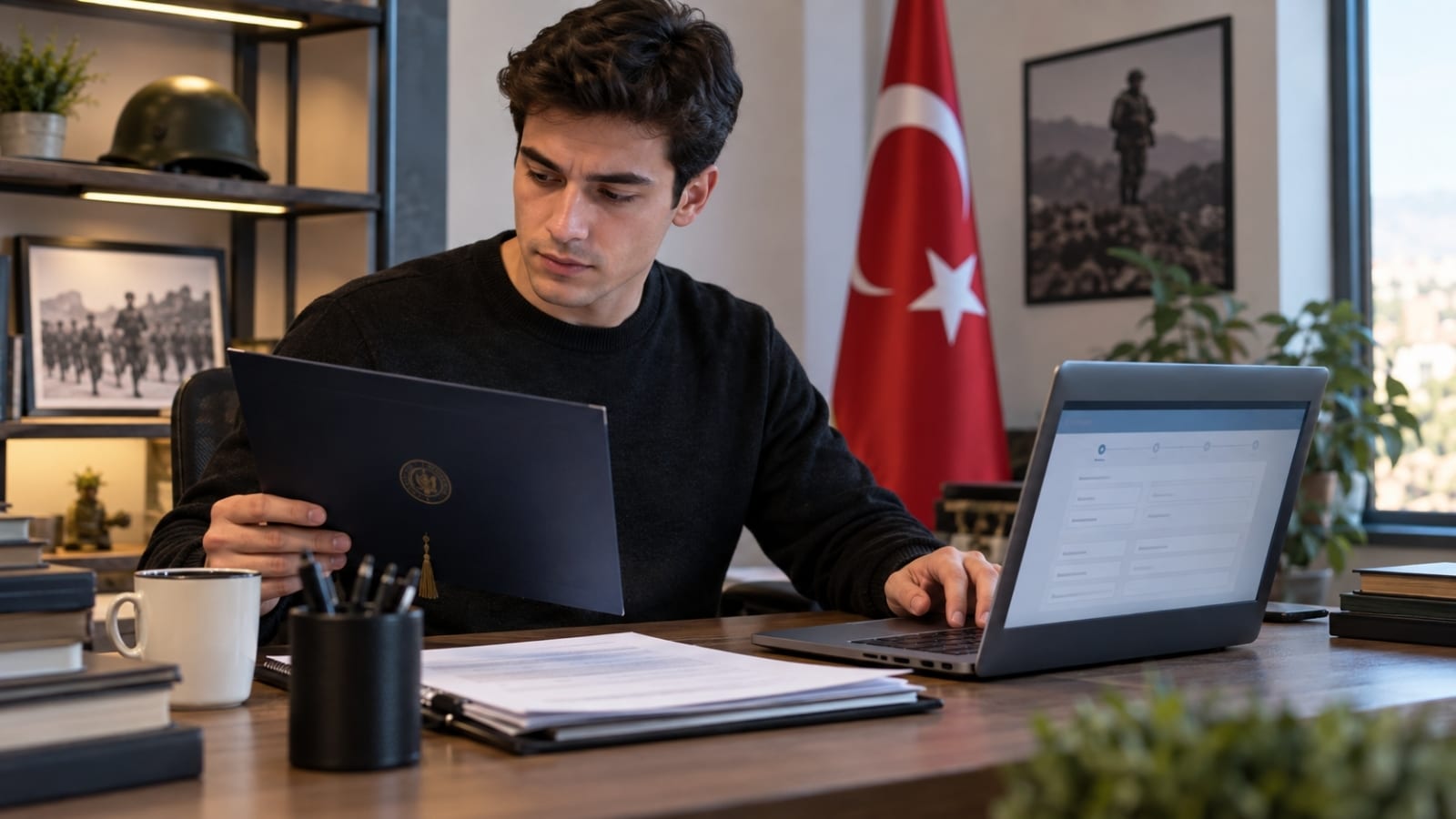 Askerlik hizmet tercihine ilişkin belgeleri bilgisayar üzerinden inceleyen üniversite mezunu askerlik yükümlüsü