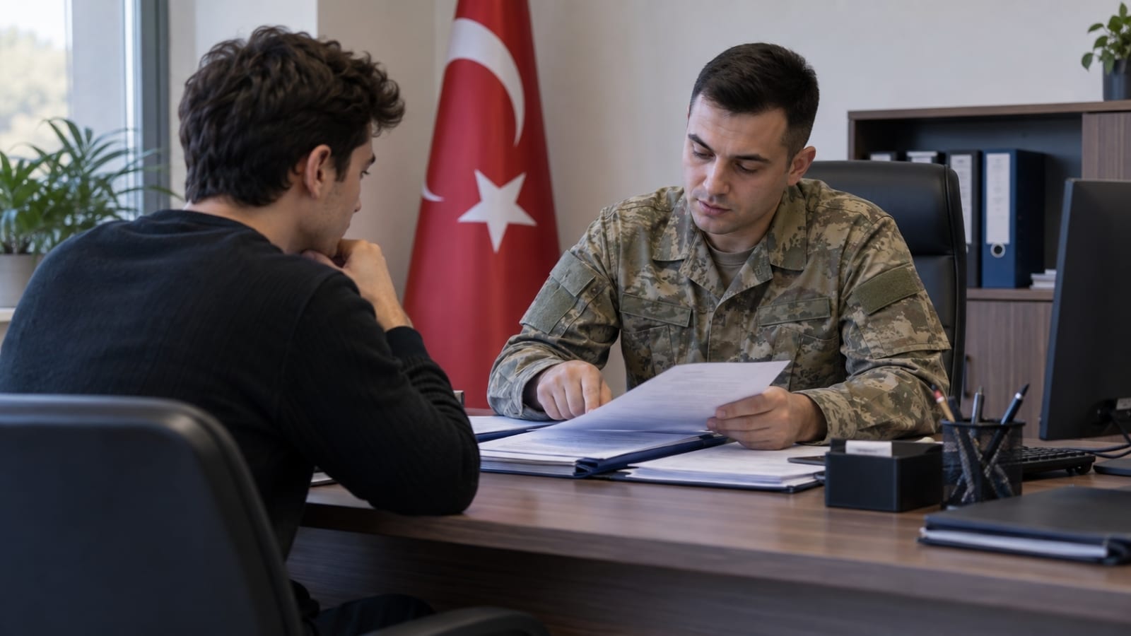 Askerlik bilgileriyle ilgili belirsizliği gidermek için görevli personelle evrakları üzerinden görüşen askerlik yükümlüsü